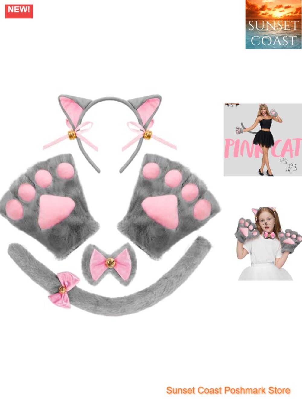 Halloween Cat Costume Accessory Set 5 Pcs Headband Gloves Bow Tie Tail